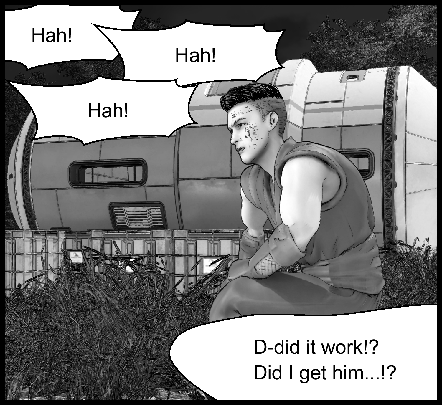 The protagonist catches his breath while checking the result of his attack