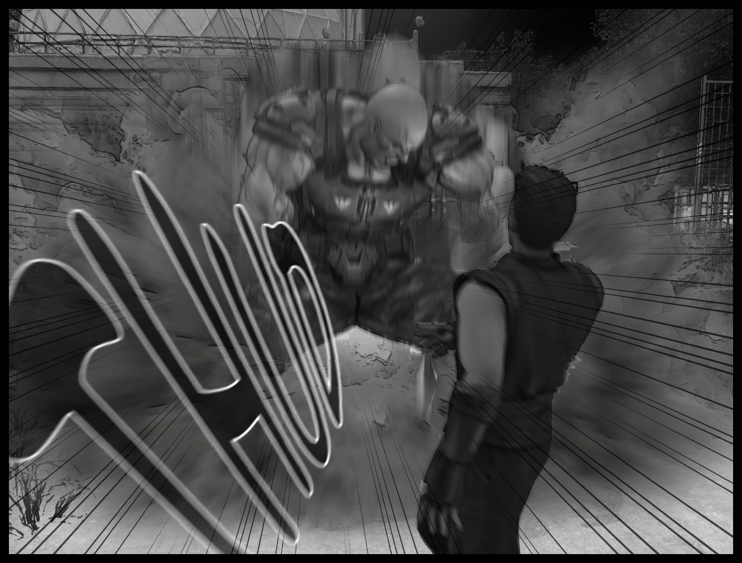 A powerful scene where a massive enhanced human appears before the protagonist