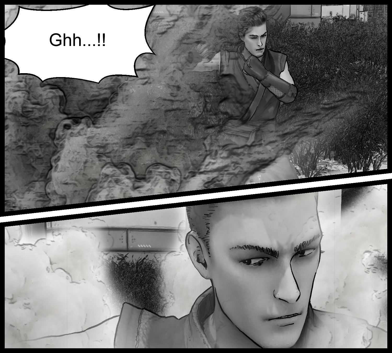 The protagonist brushes away the rising dust while trying to identify the enemy