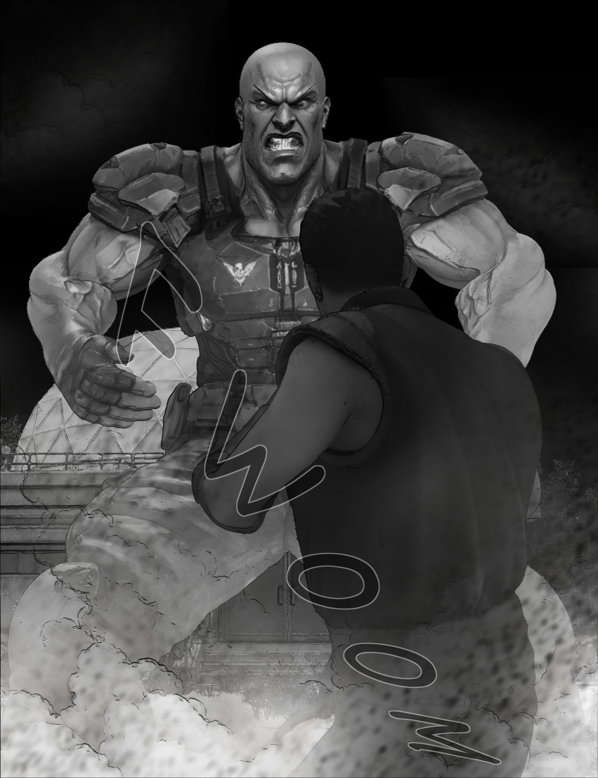 A confrontation scene at the research facility where the massive enhanced human intimidates the protagonist