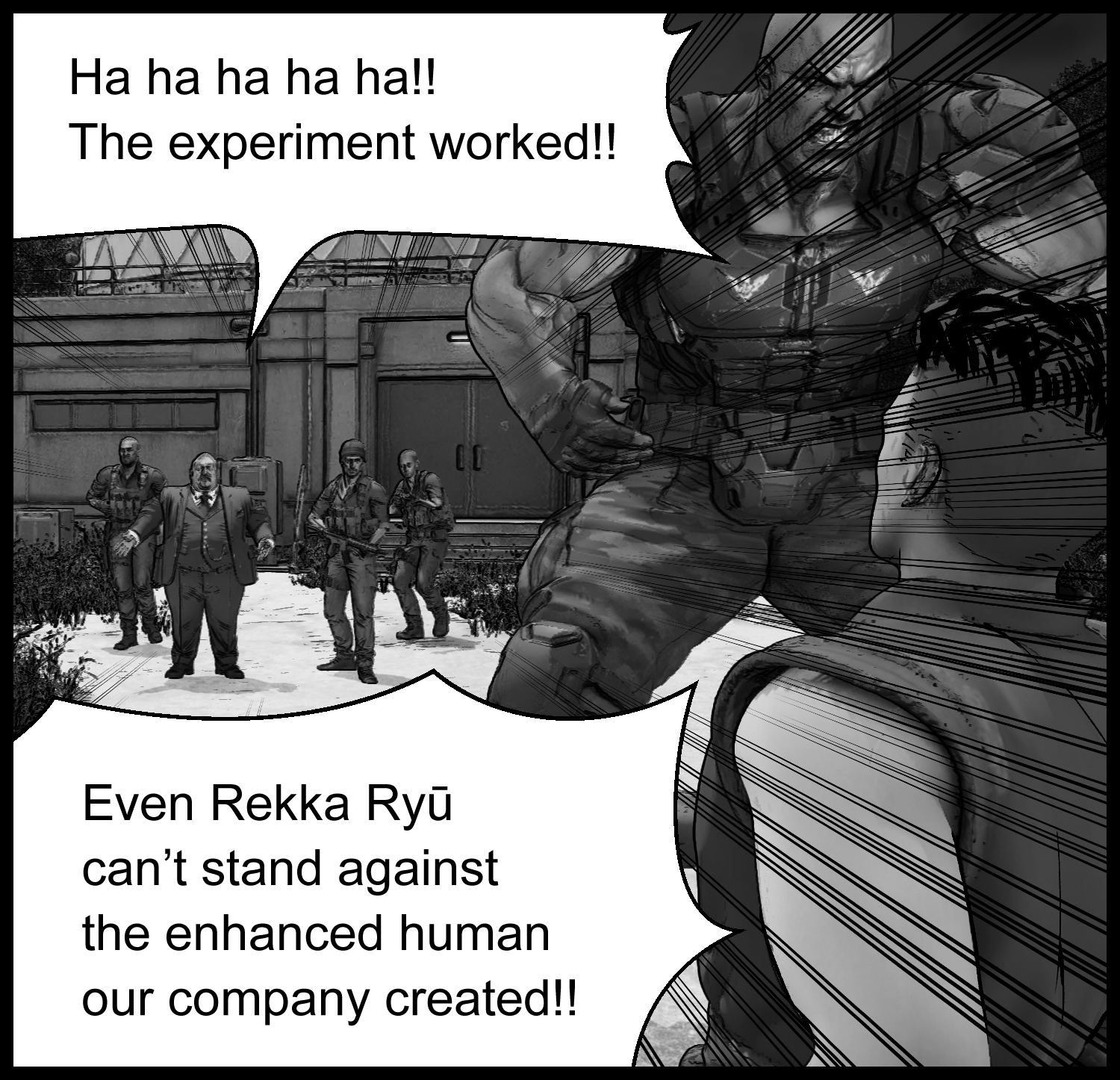 A sci-fi manga scene inside the research facility where the researchers celebrate the success of the enhanced human experiment