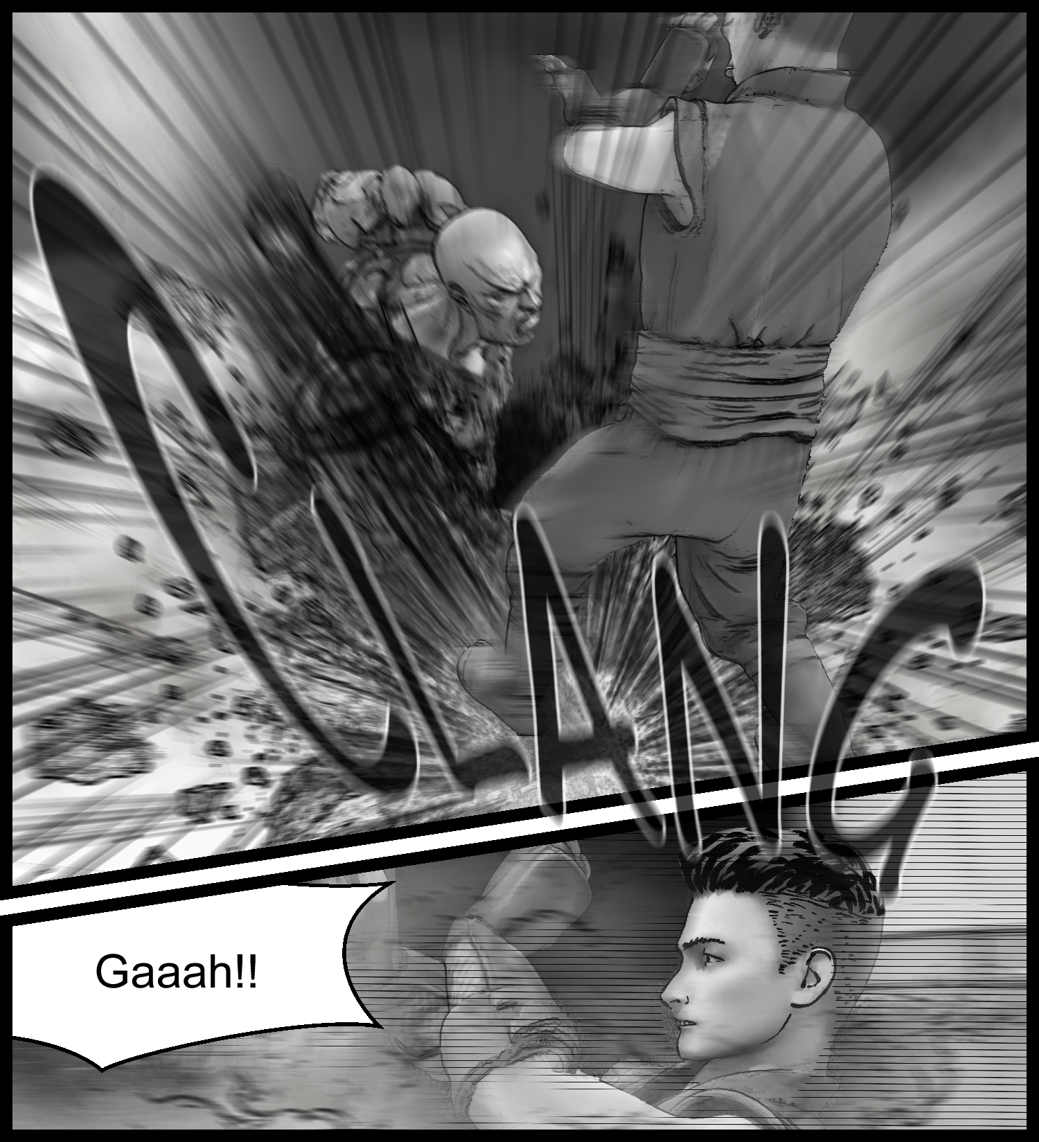 The protagonist dodges the enhanced human's attack while creating distance