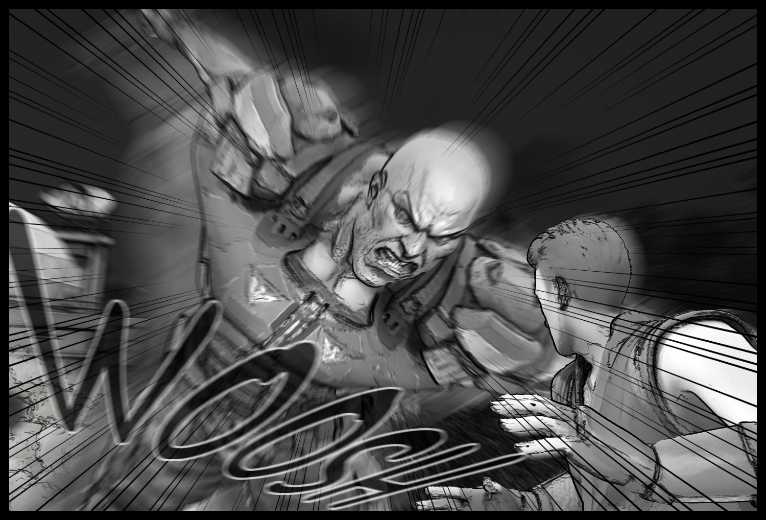 A close-combat scene outside the facility where the enhanced human corners the protagonist