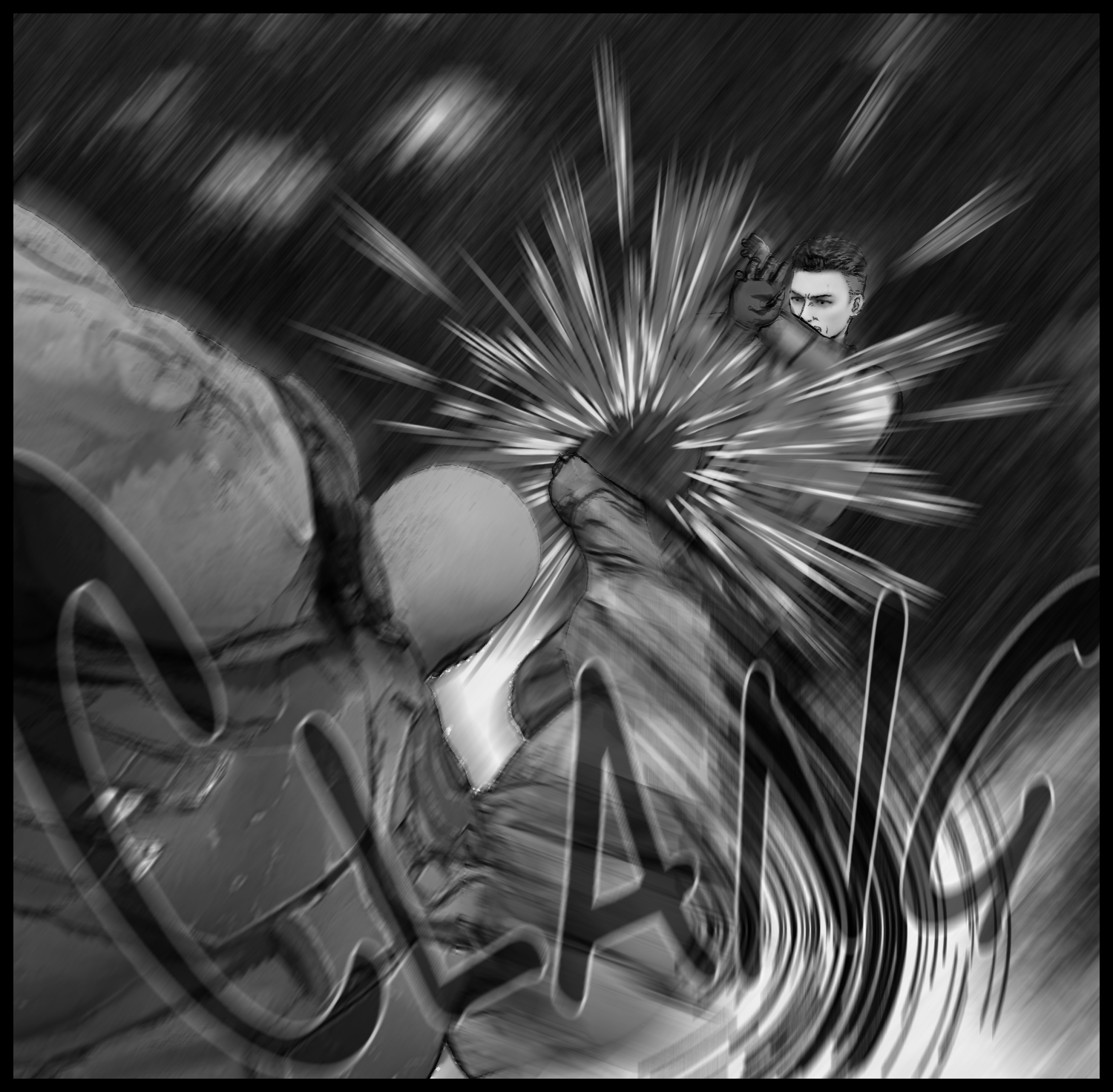 The protagonist tries to withstand a powerful blow from the enhanced human
