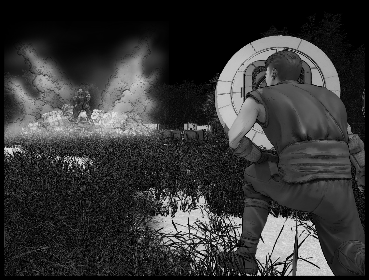 Smoke spreads outside the research facility as the protagonist watches cautiously in the opening scene of Cloning of... Episode 7