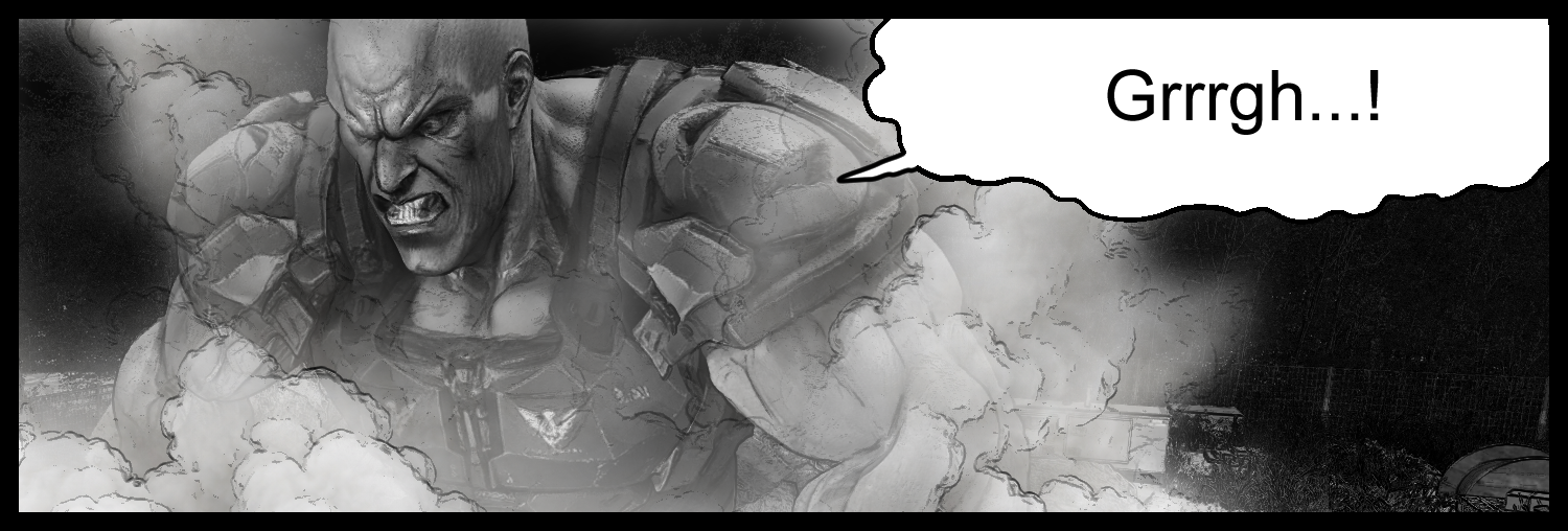 An enhanced human rises ominously from the smoke in a tense scene