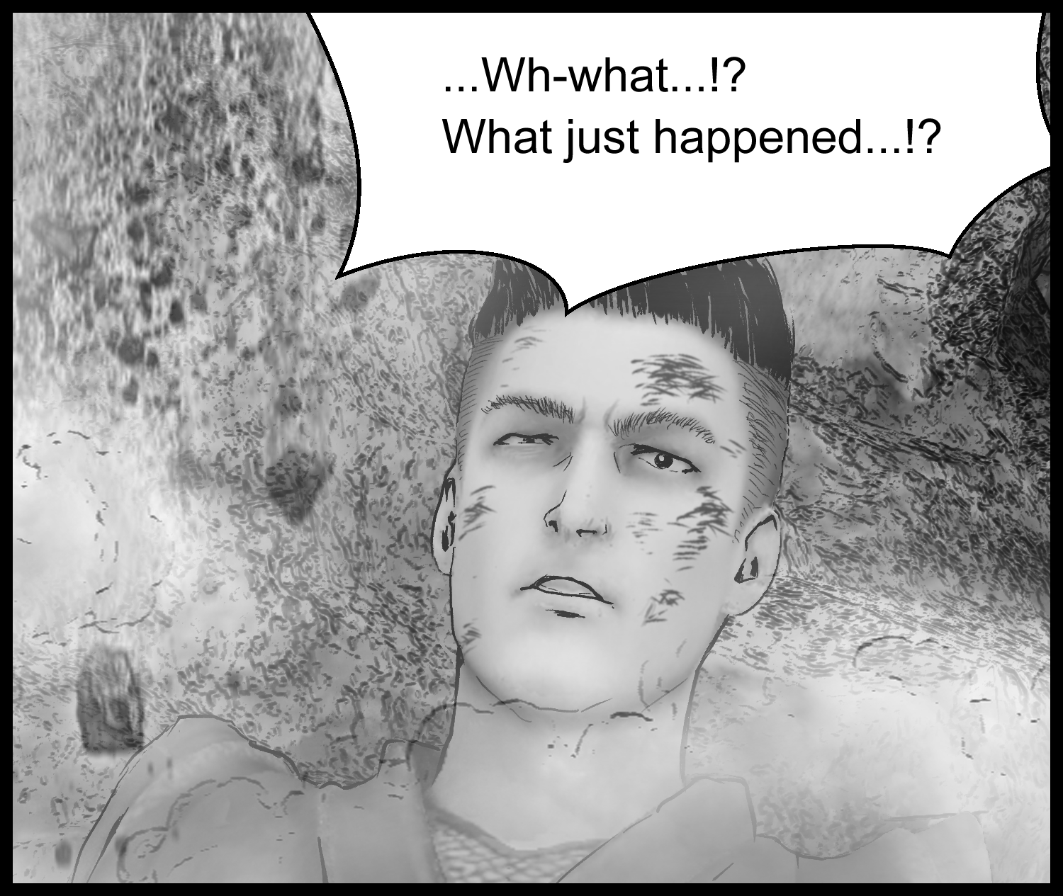 The injured protagonist looks up in confusion, unable to understand what just happened