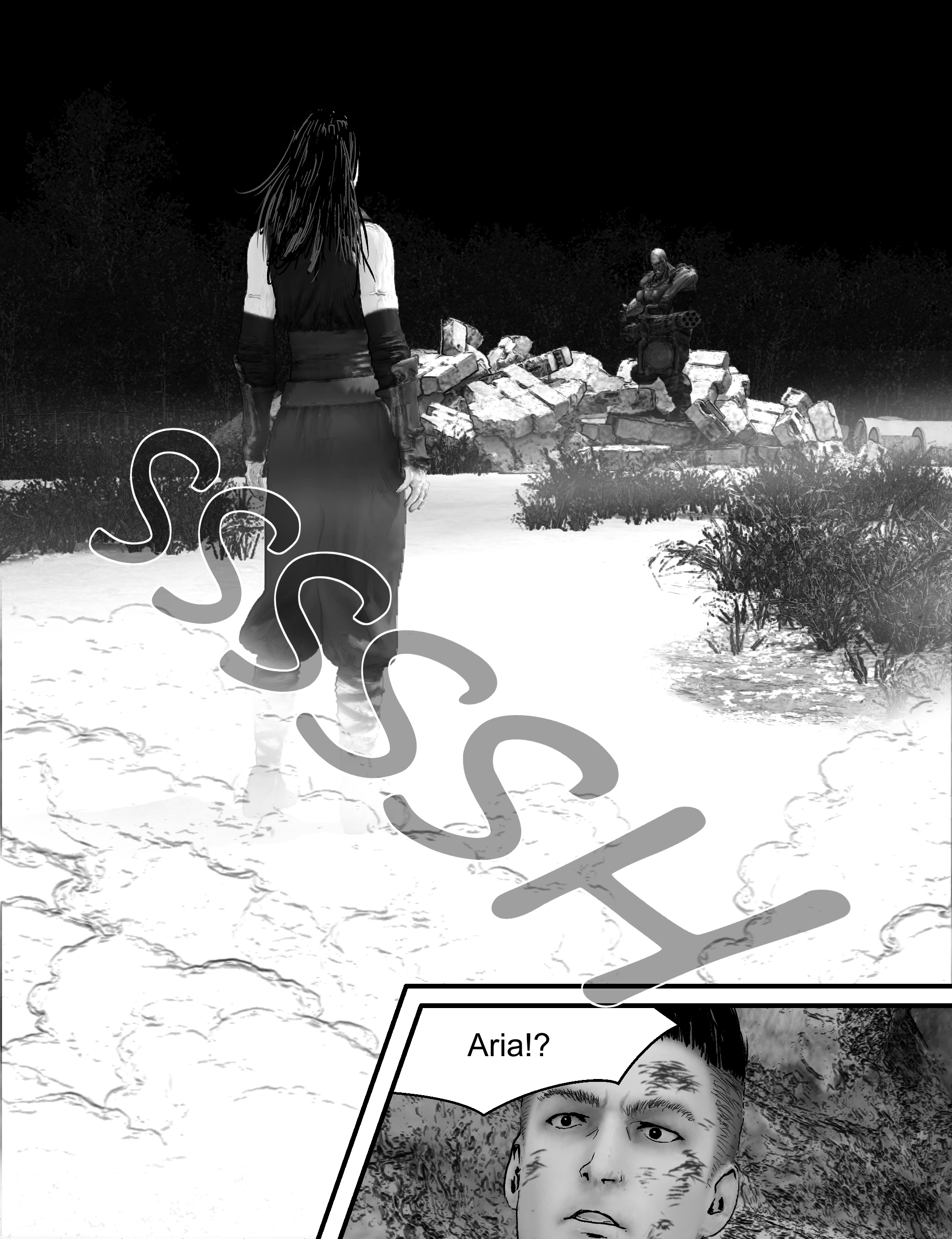 Aria appears from the smoke and stands before the protagonist in a striking scene
