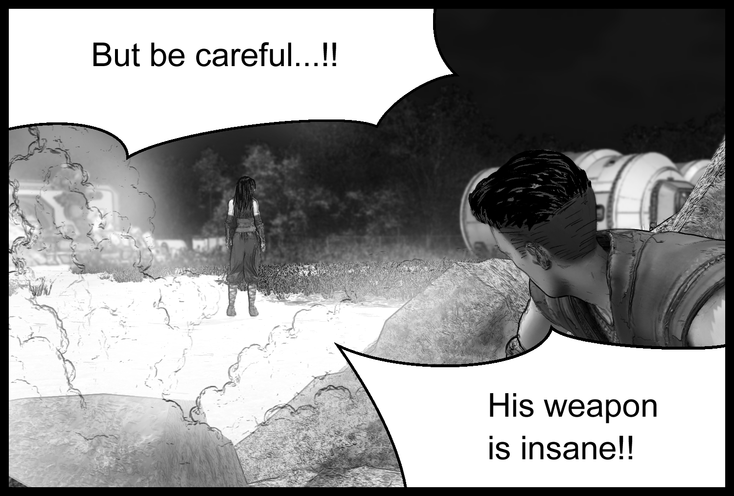 The protagonist urgently warns Aria about the heavy weapon