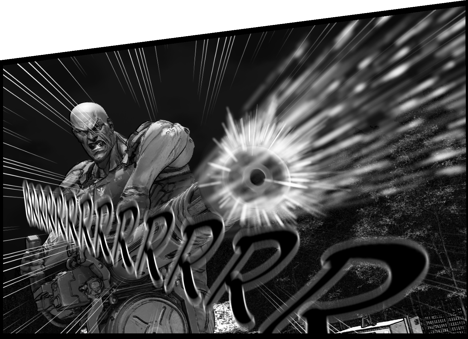 The enhanced human fires a heavy weapon at Aria, spreading an intense barrage in an action scene