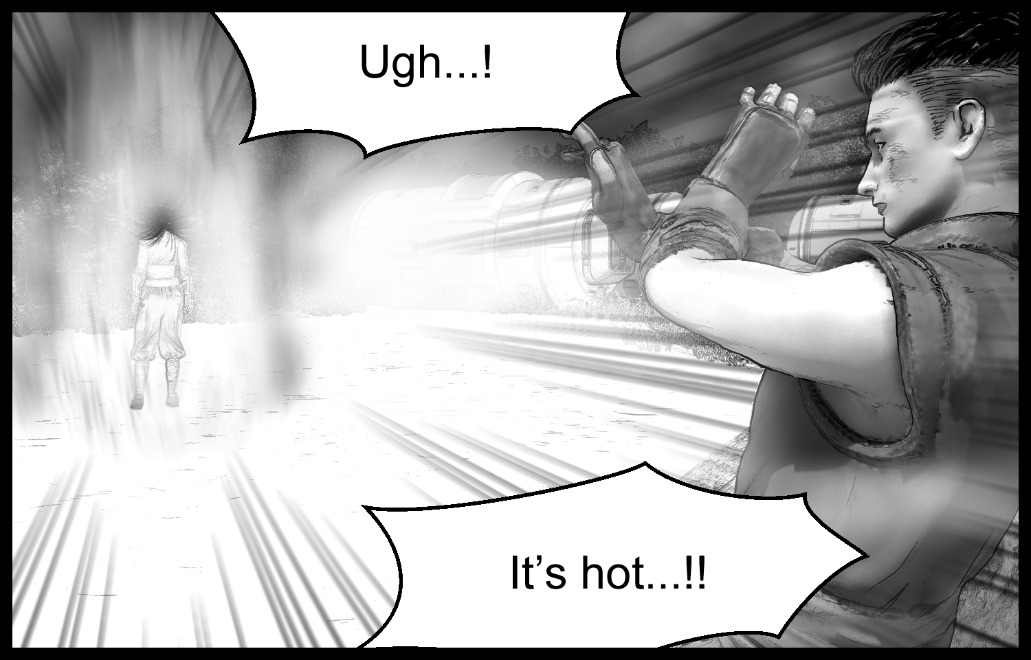 A strong aura rises around Aria, and the protagonist feels the heat