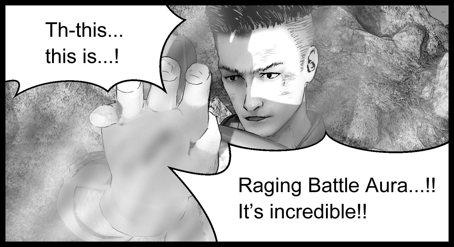 The protagonist realizes the overwhelming force of Aria's blazing battle aura in an important scene