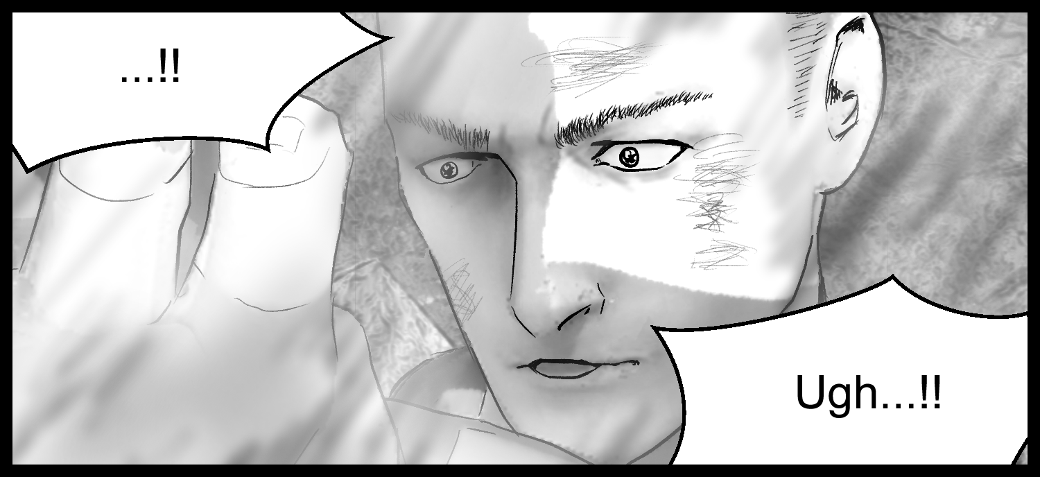 The protagonist stares seriously, stunned by the heat of the blazing battle aura