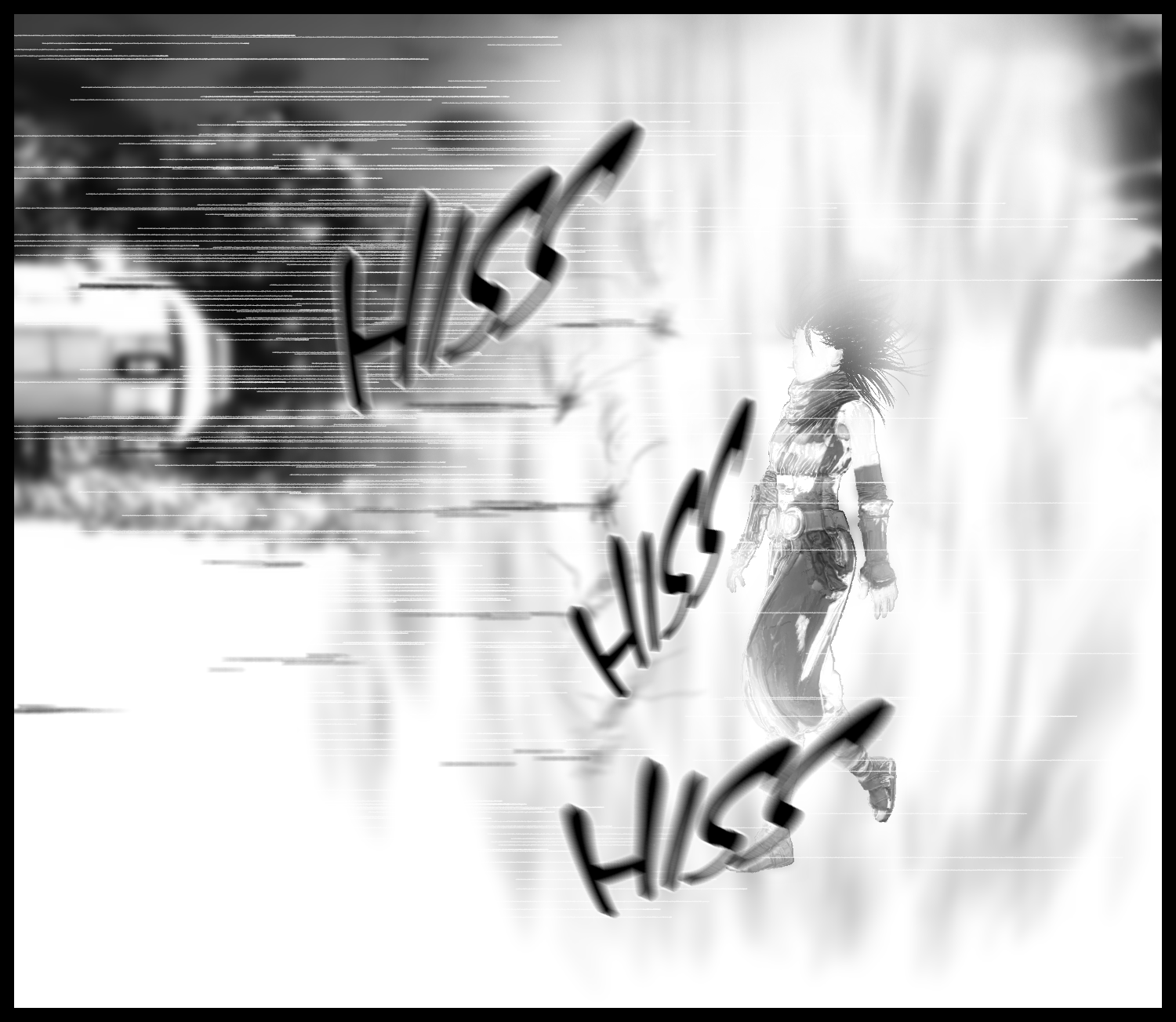 Aria calmly walks through the barrage while surrounded by the blazing battle aura