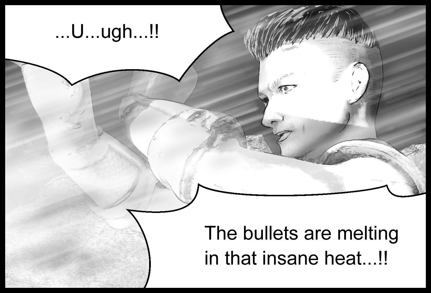 The protagonist is shocked to see bullets melting in the heat of the blazing battle aura