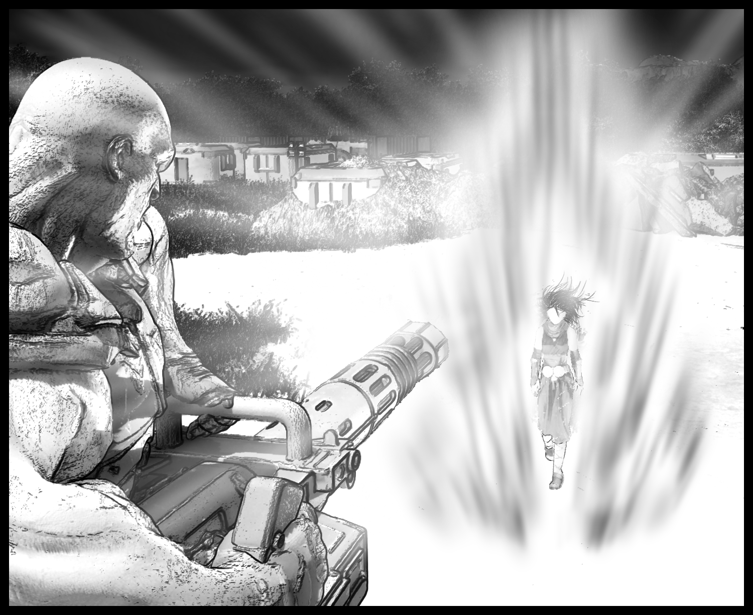 Aria stands before the enhanced human, surrounded by a blazing battle aura