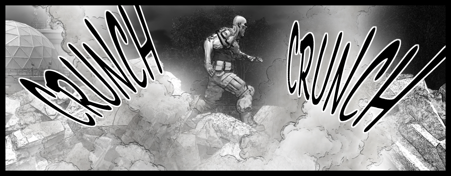 An enhanced human moves over the rubble through clouds of dust