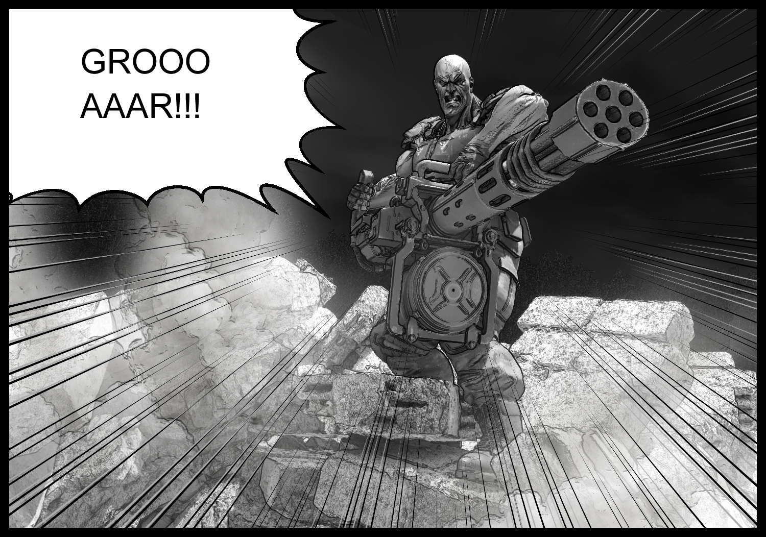 The enhanced human brandishes a heavy weapon and intimidates everyone in front of the research facility