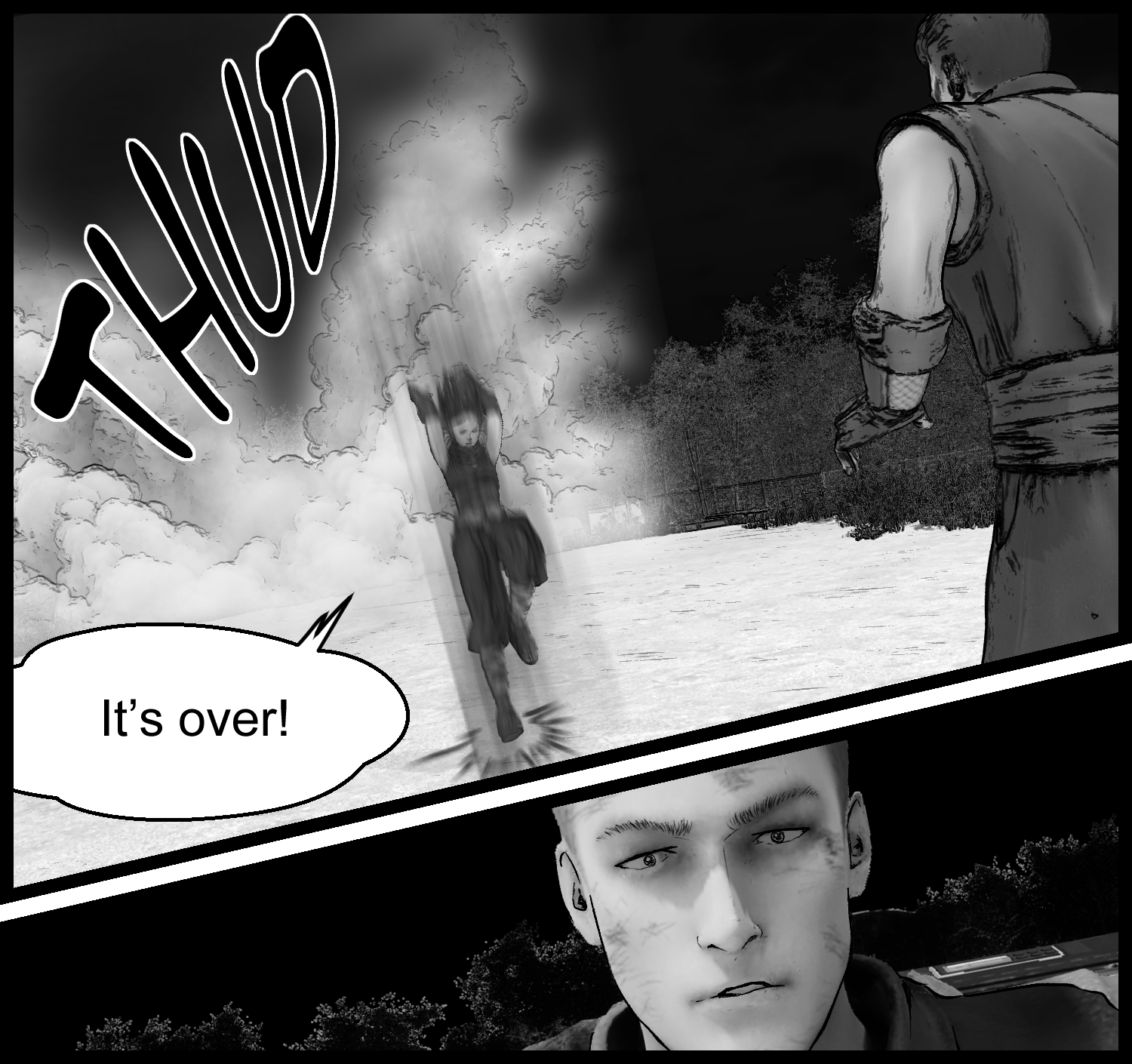 Aria lands from the smoke and signals the end of the battle