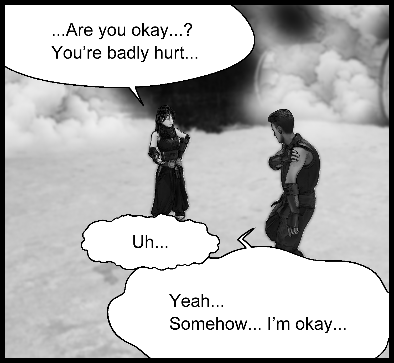 Aria worries about the protagonist's injuries, and he tells her he is all right