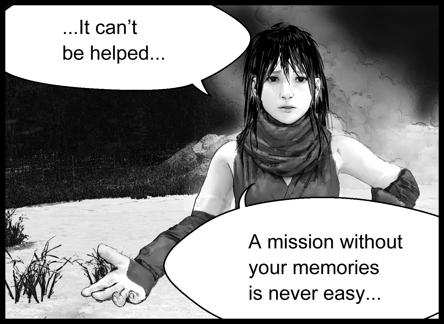Aria tells the protagonist how difficult the mission is while his memories are still lost
