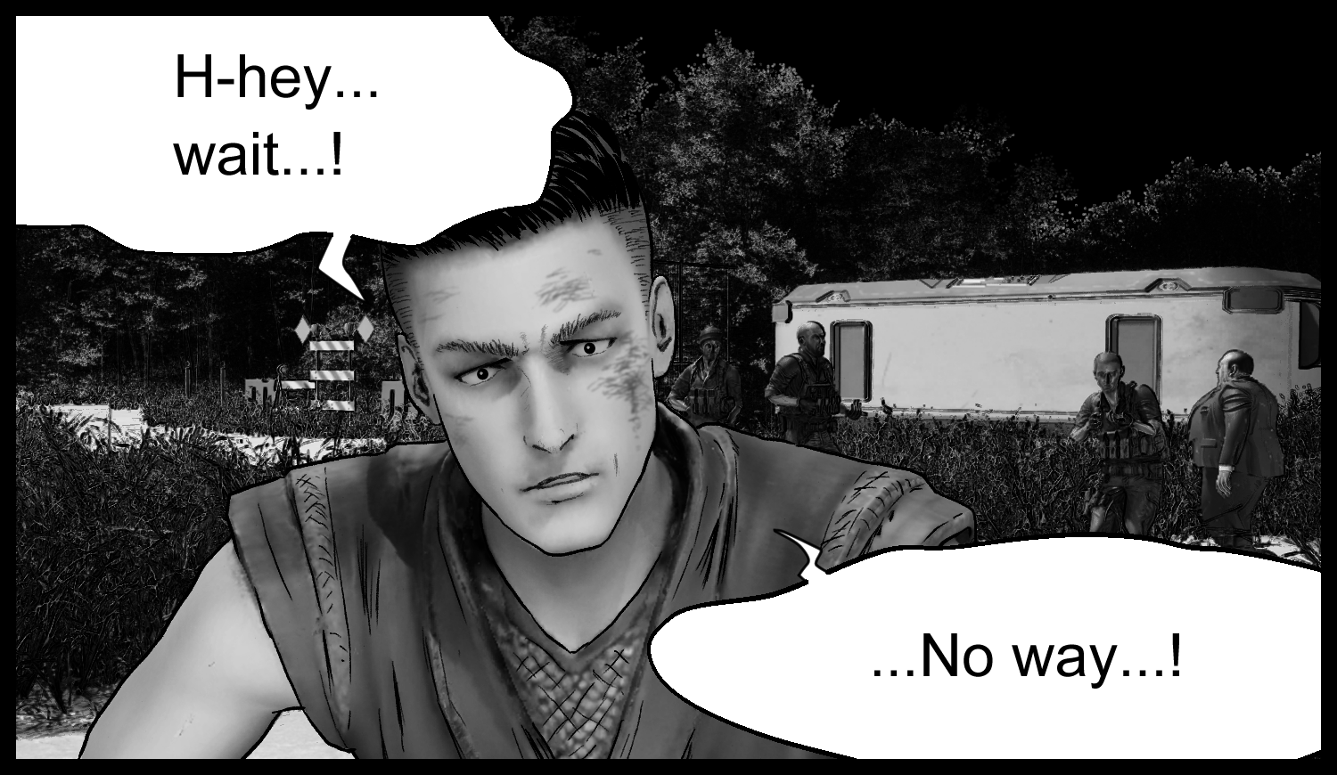 The protagonist notices the enhanced human's movement and shows fear