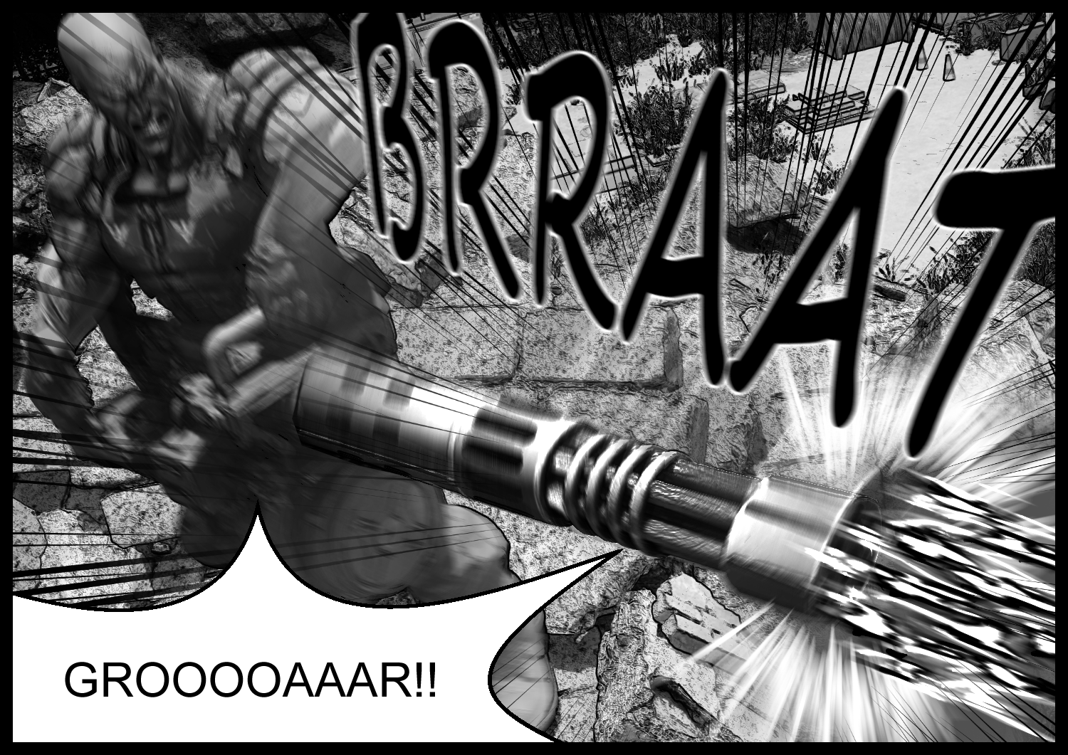 The enhanced human fires the heavy weapon, unleashing an intense barrage in an action scene