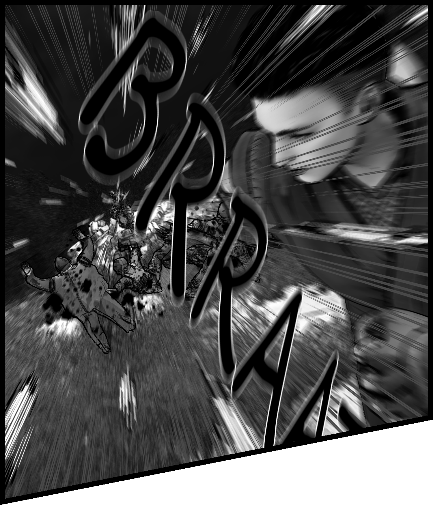The protagonist moves quickly while dodging the barrage in a fast-paced scene