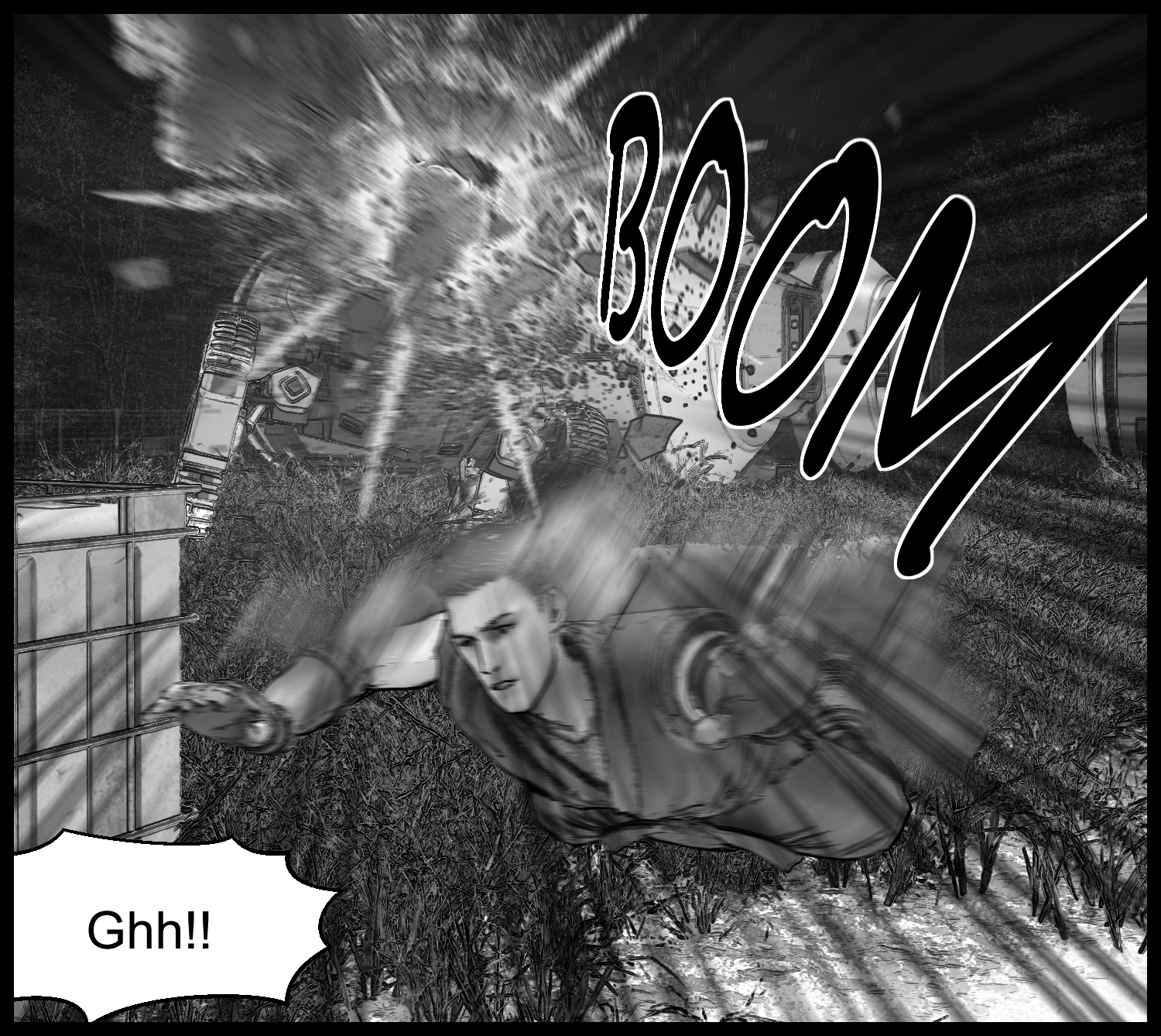 The protagonist dodges away from the exploding scouting robot