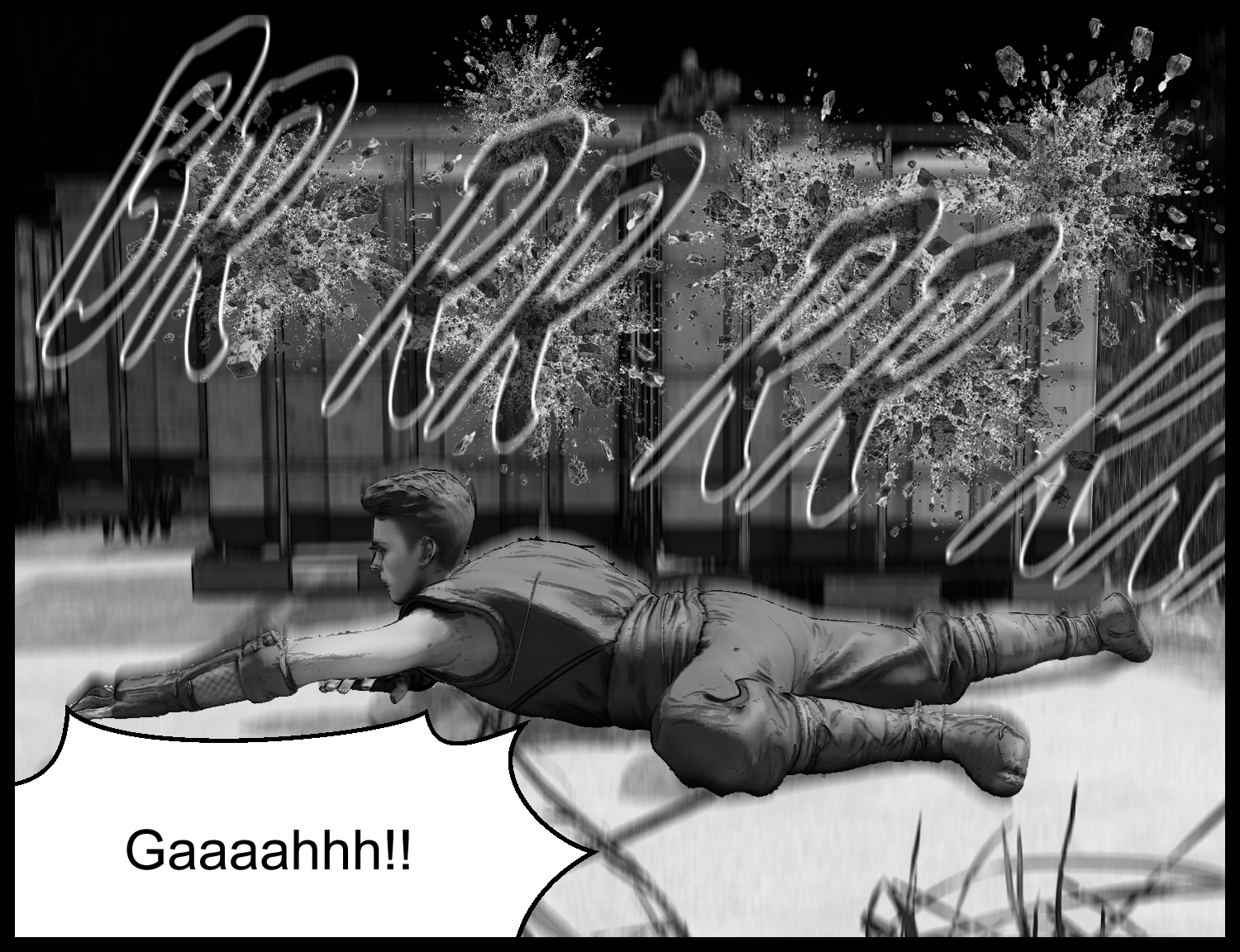The protagonist crouches under the barrage and crawls forward