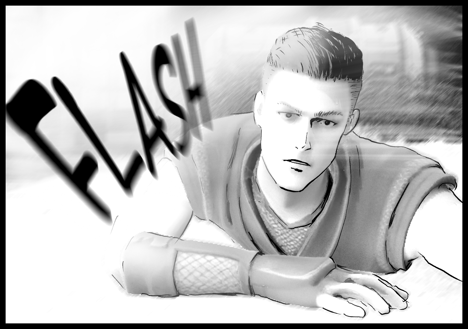 A sudden bright flash erupts beside the protagonist