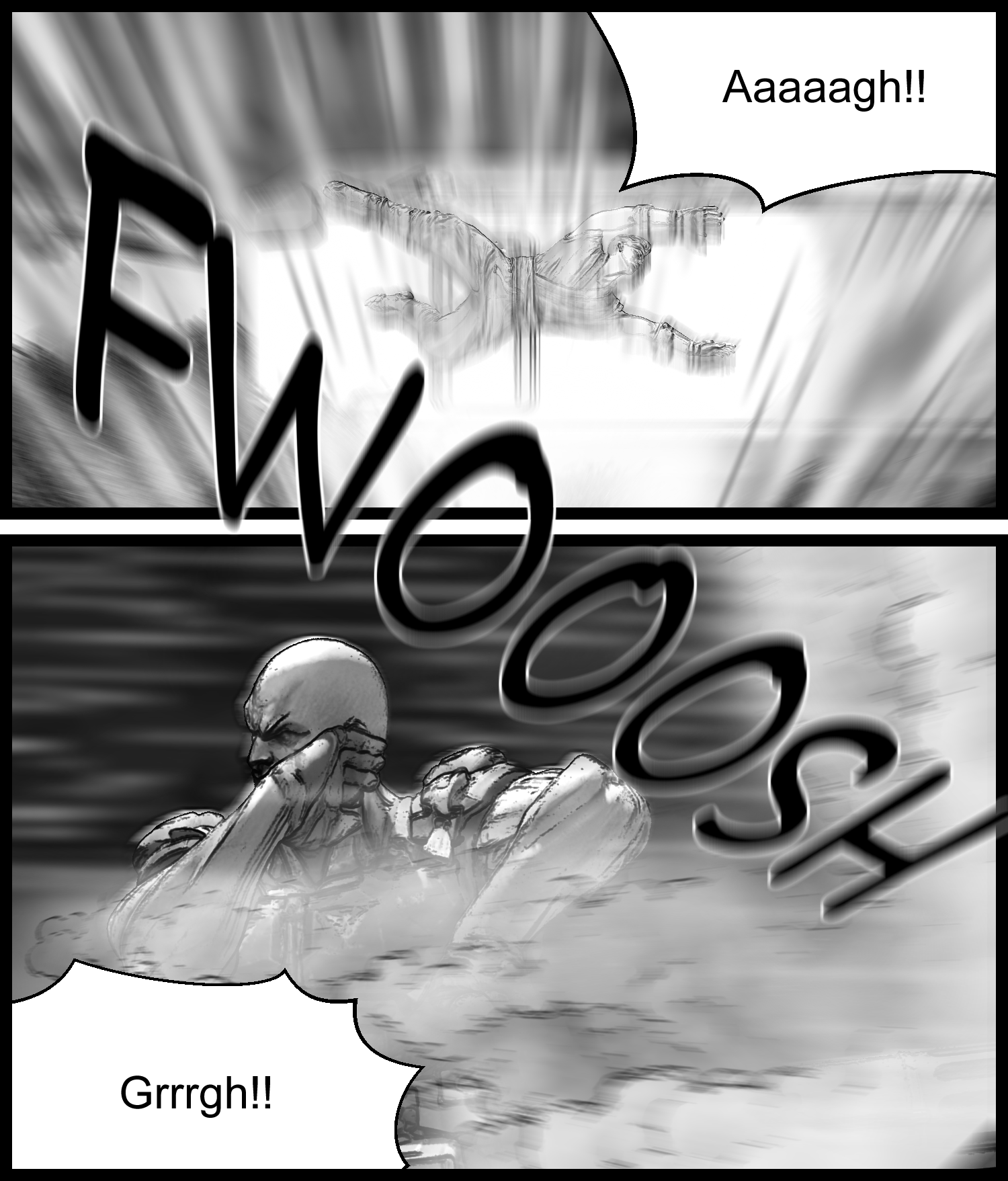 The protagonist is blasted back as the enhanced human twists in the shock wave