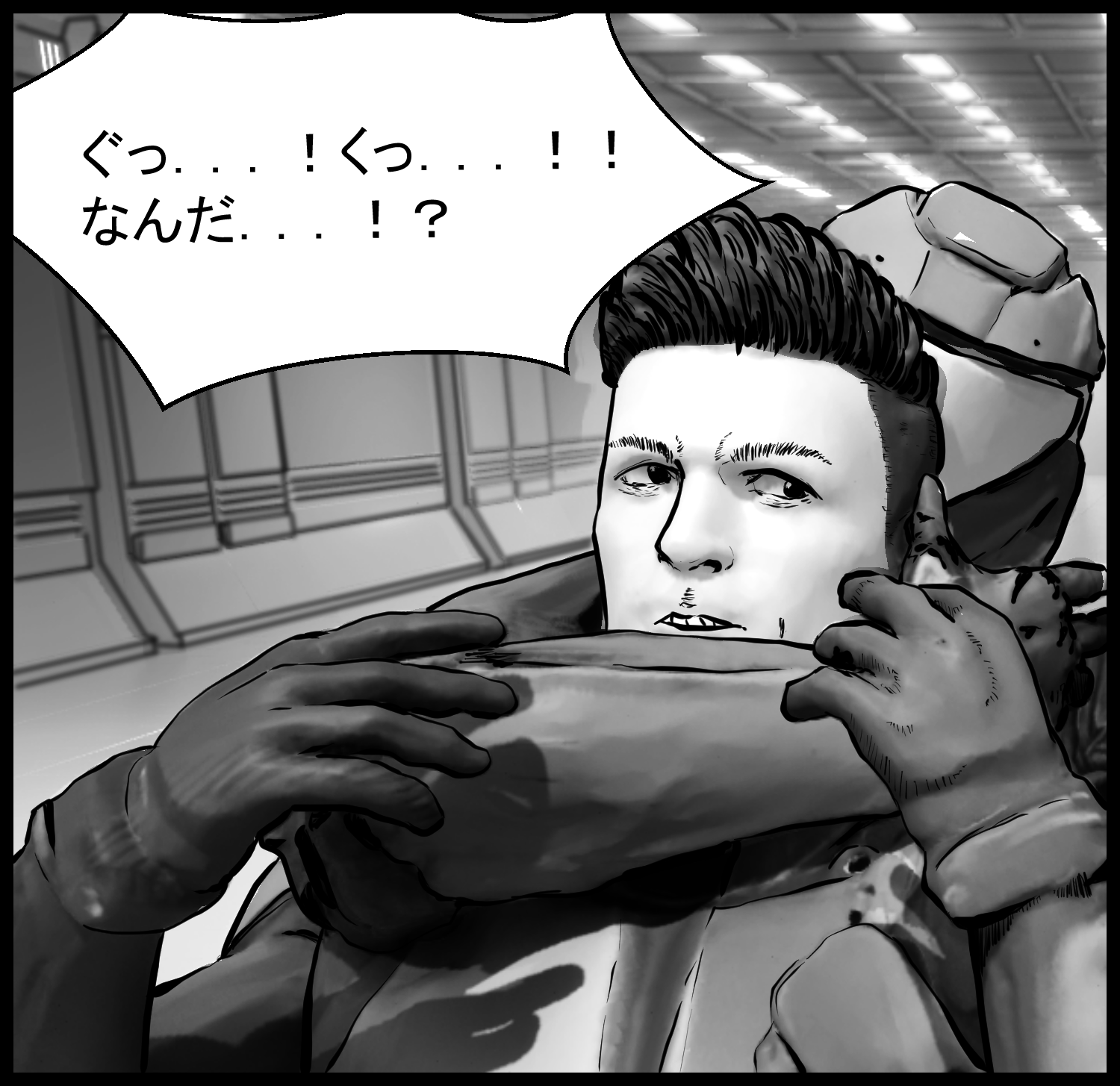 主人公が他にも装備兵がいることに気づき、さらに追い詰められるシーン