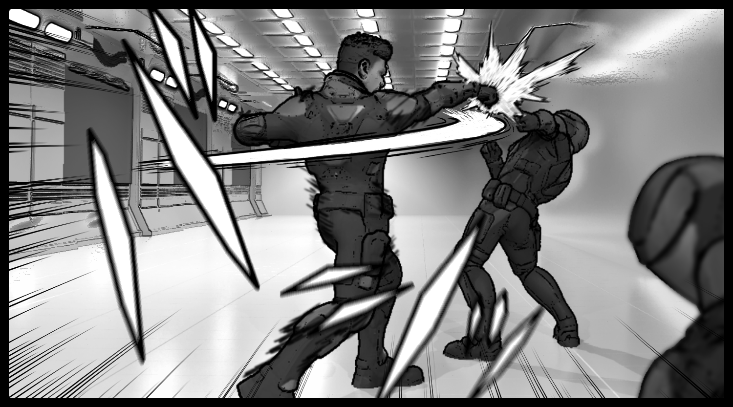 主人公の蹴りが装備兵に命中する、スピード感のある戦闘シーン