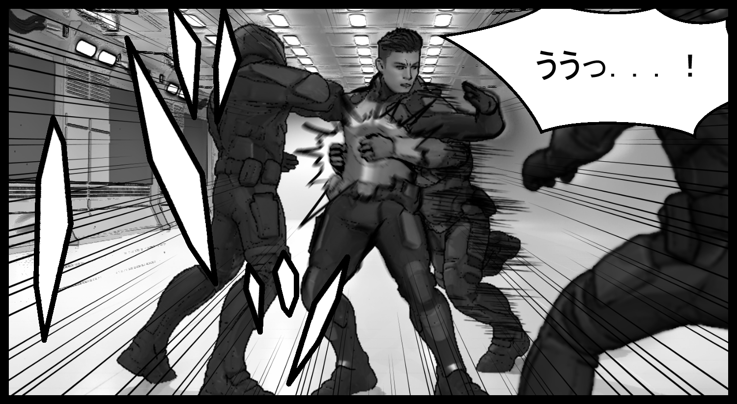 主人公が装備兵たちの攻撃を受けながら耐えるシーン