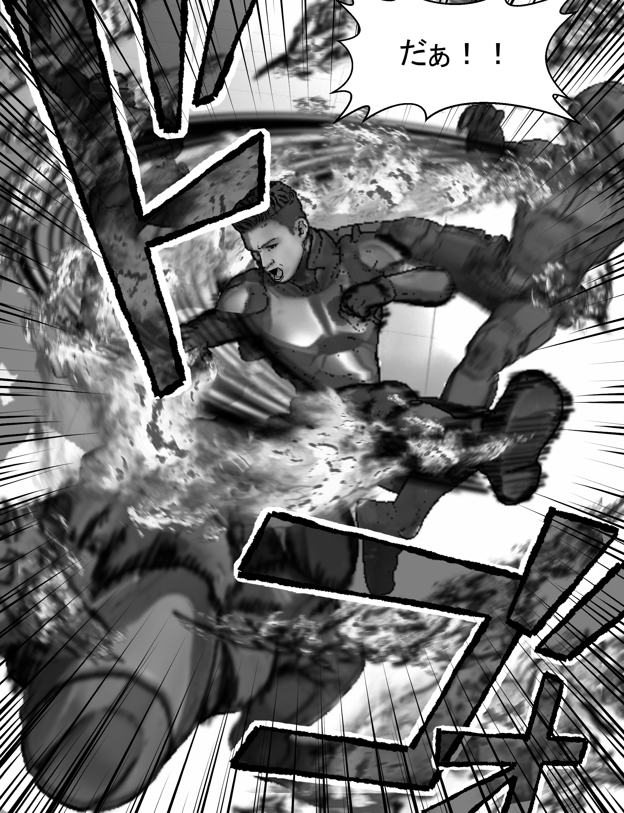 激しい格闘の中で主人公が技を繰り出す、SFアクション漫画の戦闘シーン
