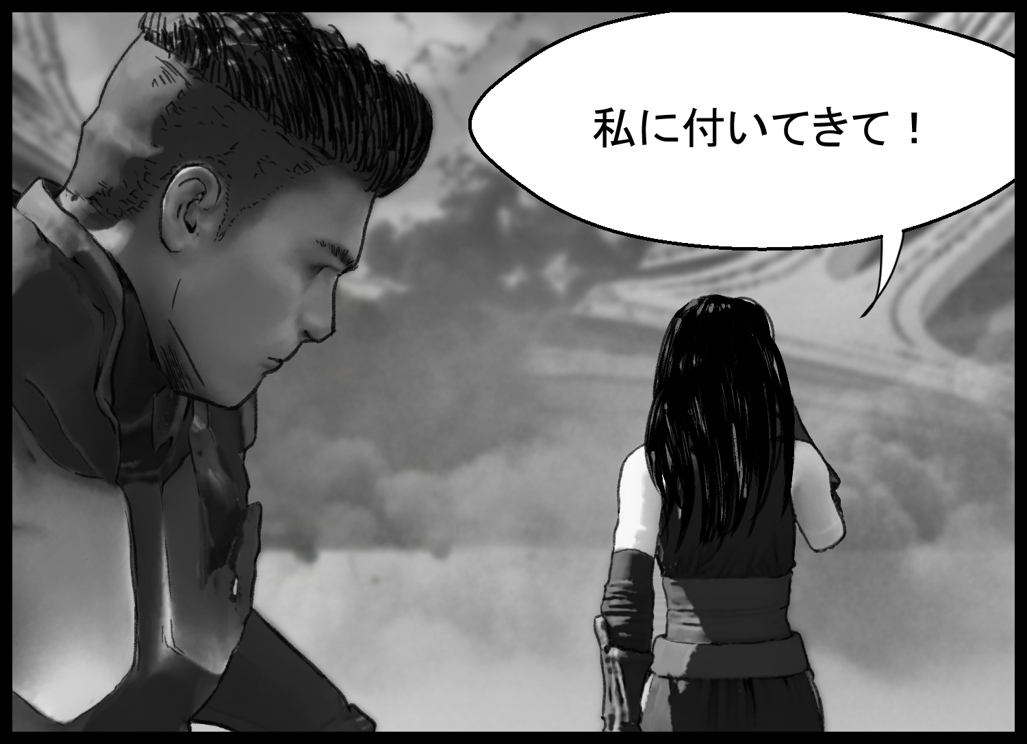 謎の少女が主人公に付いてくるよう促す場面