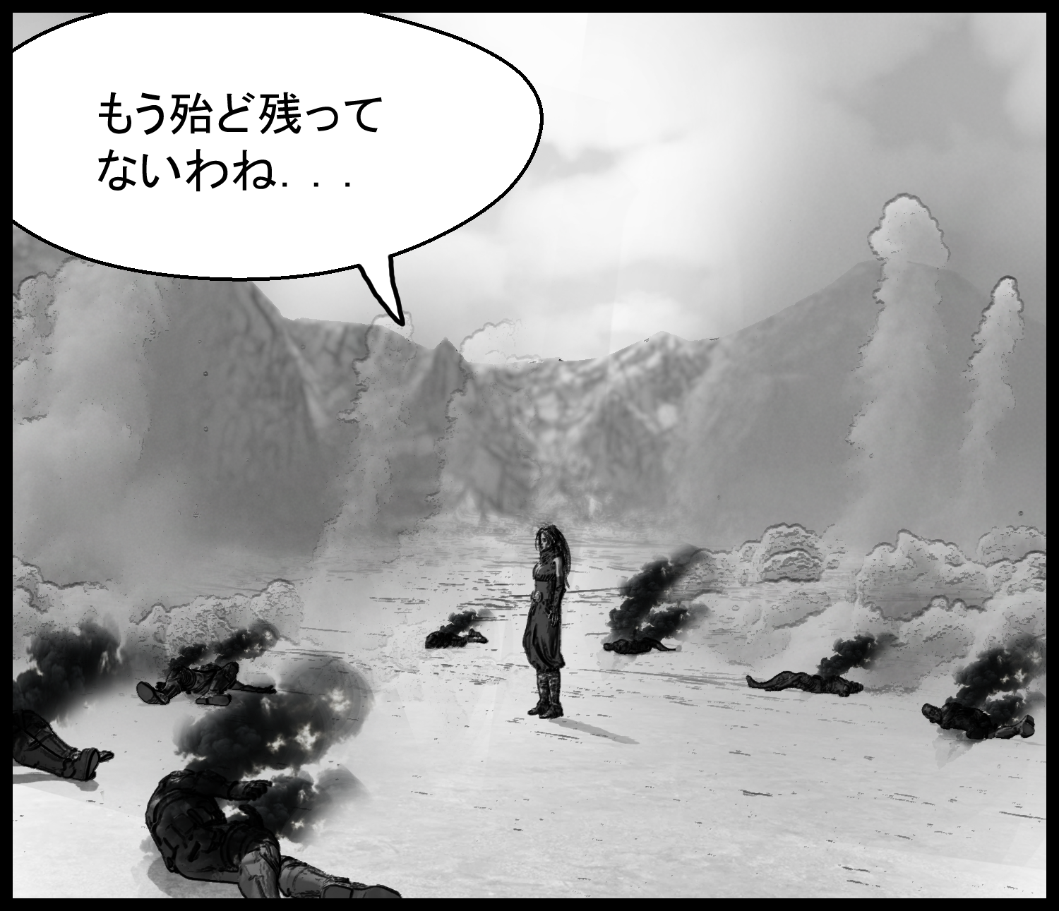 倒れたクローン兵たちと立ち尽くすアリアが描かれる戦闘後の場面