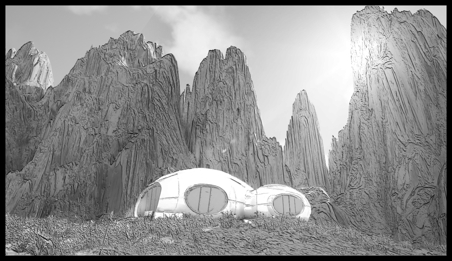 朝の光に包まれた里の住居が描かれる穏やかなシーン