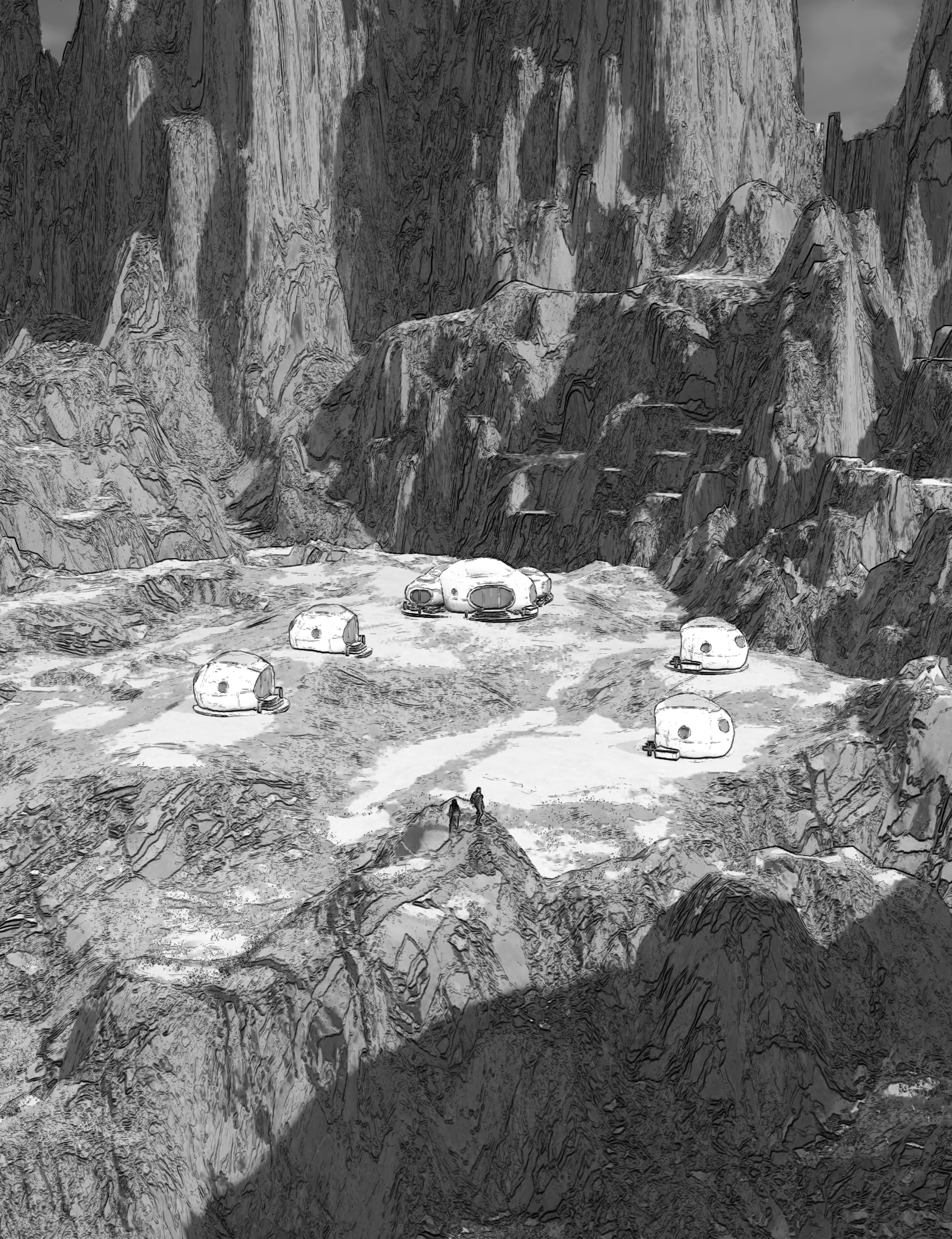 岩山の谷に並ぶ白い住居が描かれる、謎の里の全景シーン