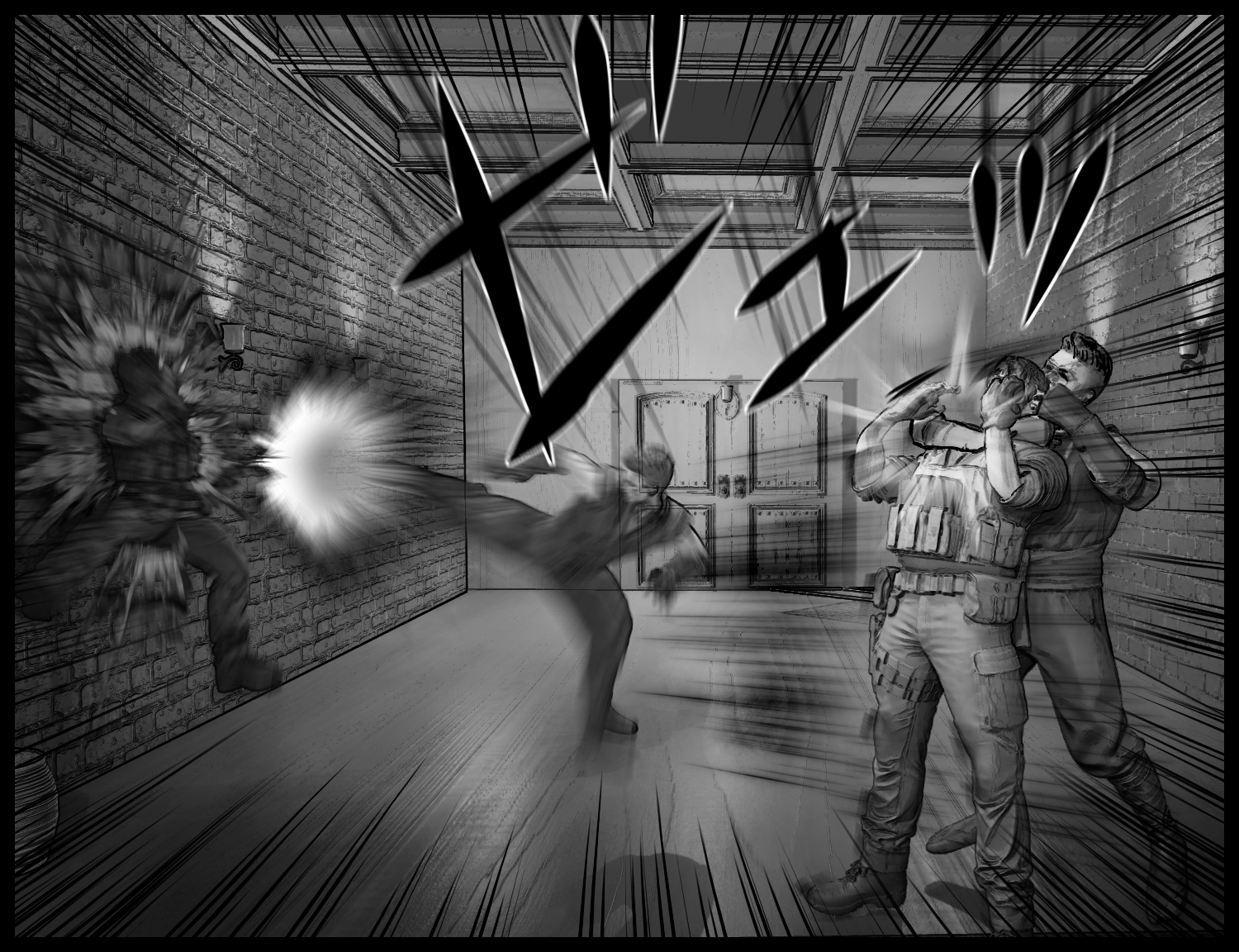 主人公が警備員を一瞬のうちに制圧するアクションシーン