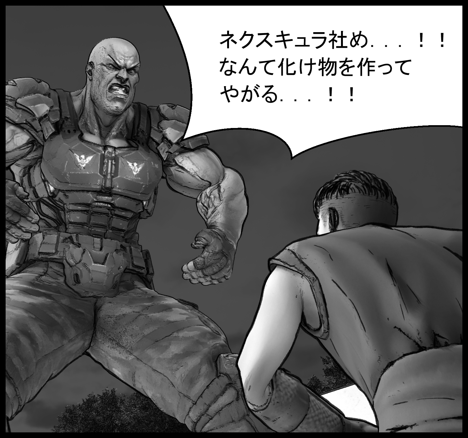 強化人間がネクスキュラ社の実験体として語られる緊迫した場面