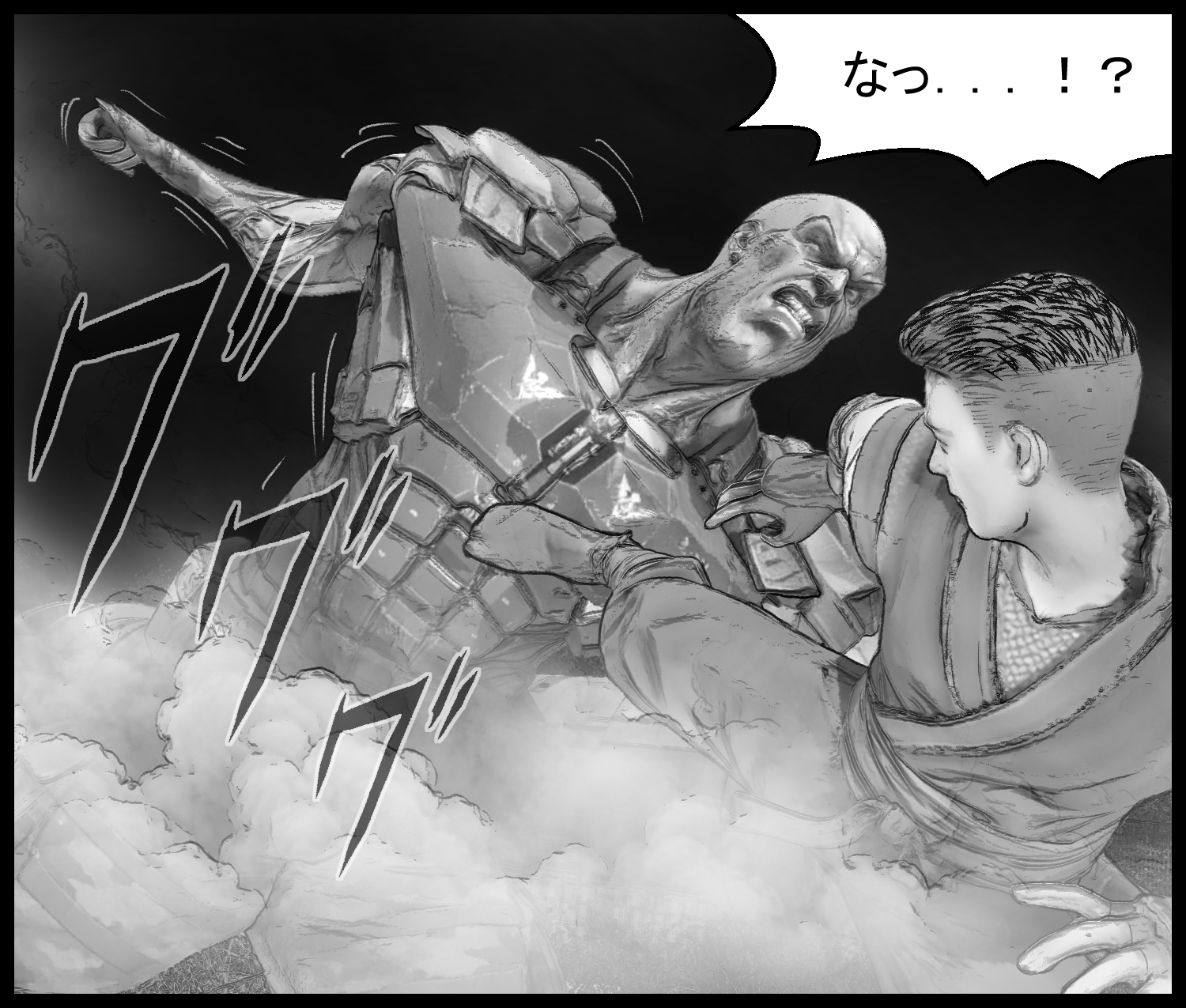 強化人間が攻撃を受けてもなお立ち続ける、不穏な場面